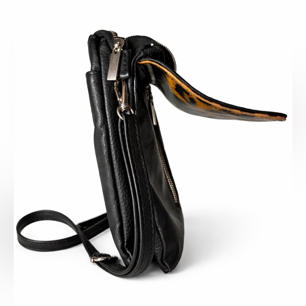 Black Leather Crossbody Phone Bag with Leopard Print Flap - Picture 4 of 7